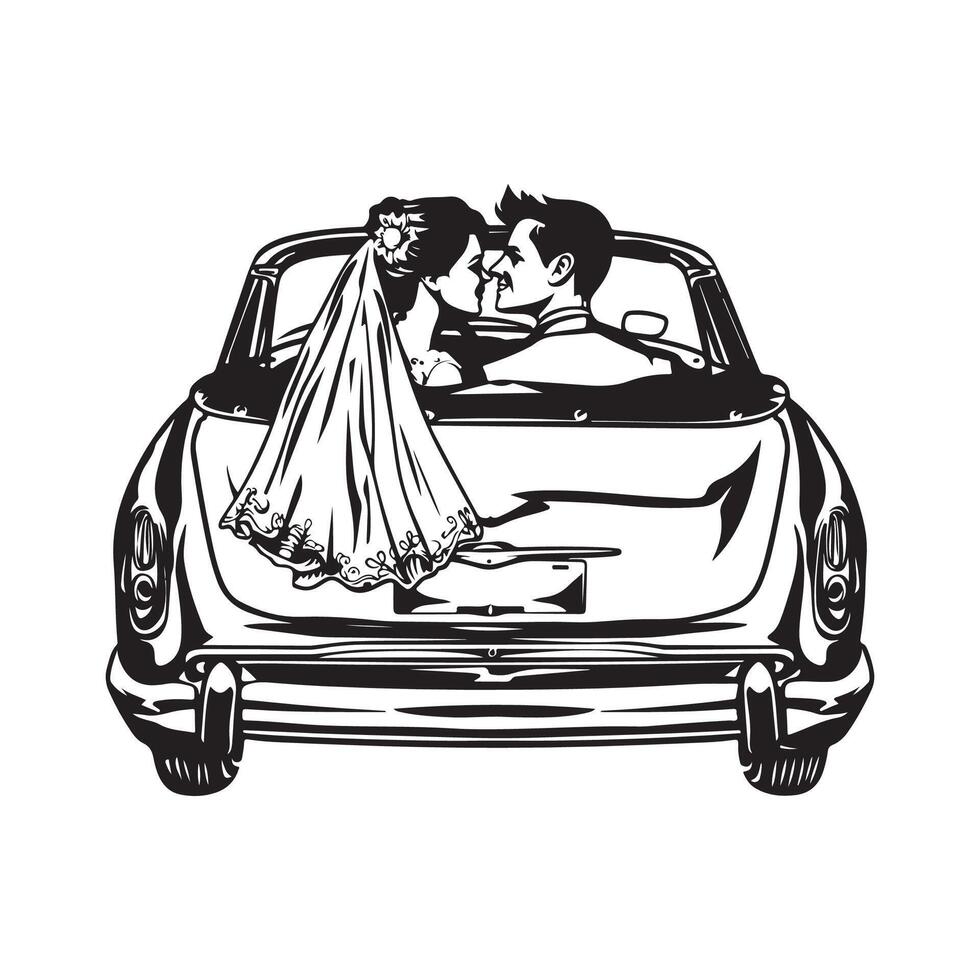 novia y novio en coche Boda día diseño imagen en blanco antecedentes vector