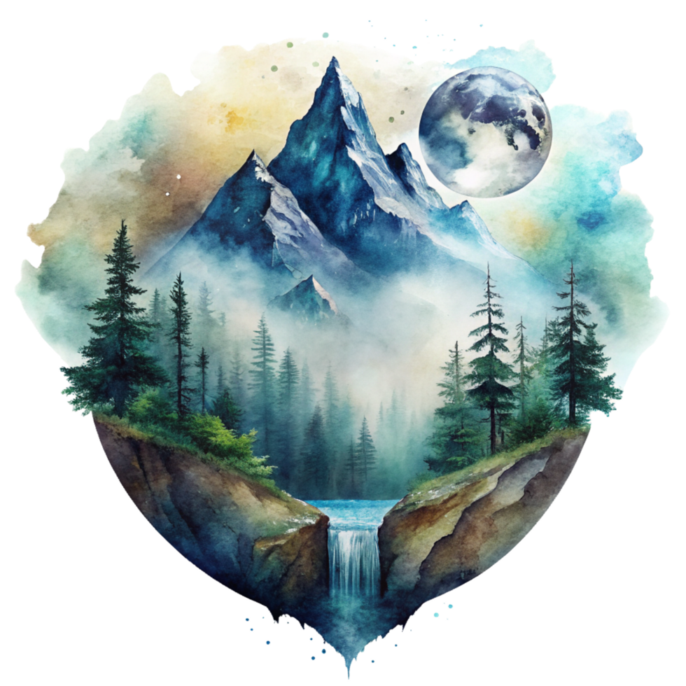 Mountain scene in watercolor style Clip art. Watercolor mountain scene cutout png