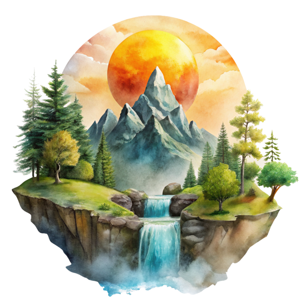 Mountain scene in watercolor style Clip art. Watercolor mountain scene cutout png