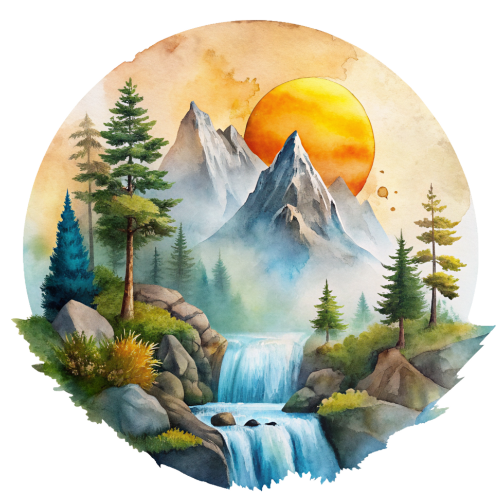 Mountain scene in watercolor style Clip art. Watercolor mountain scene cutout png