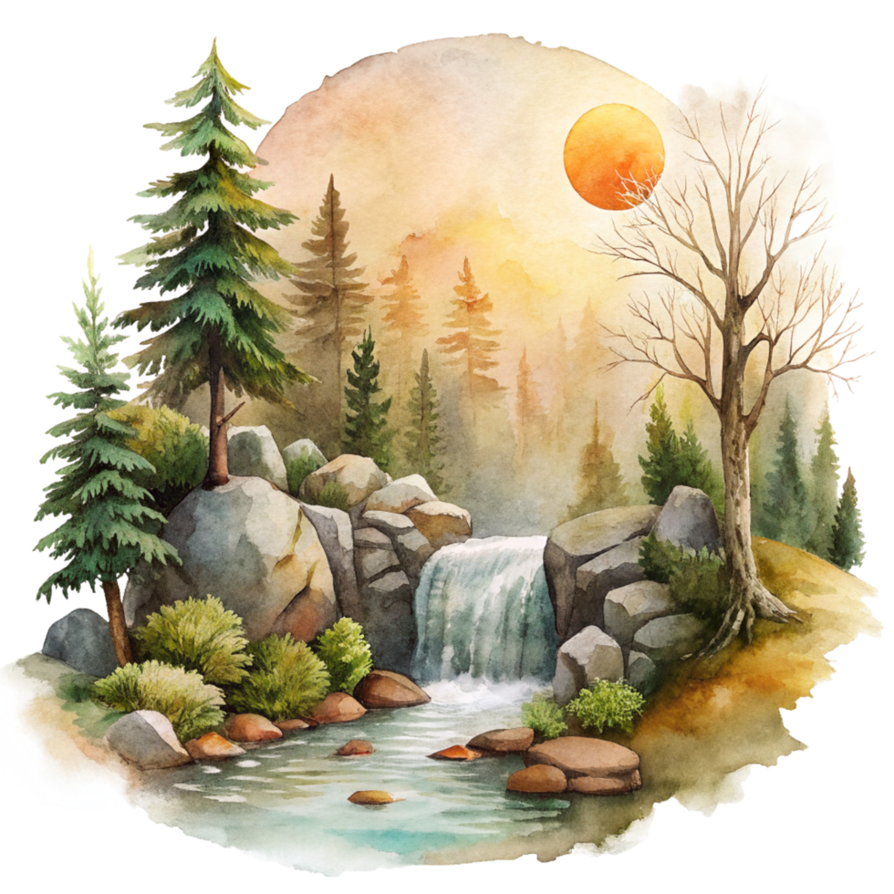 Mountain scene in watercolor style Clip art. Watercolor mountain scene cutout png