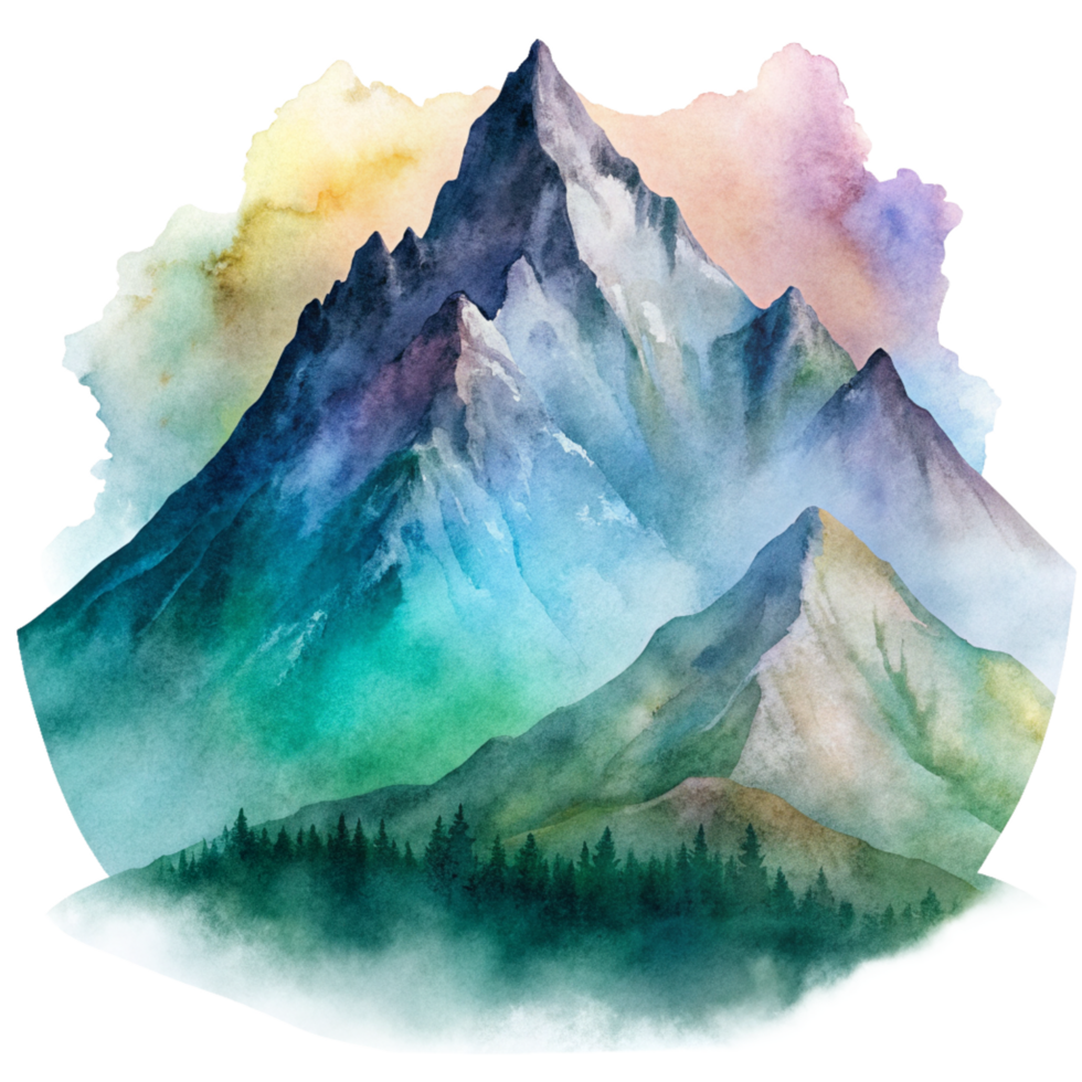 Mountain scene in watercolor style Clip art. Watercolor mountain scene cutout png