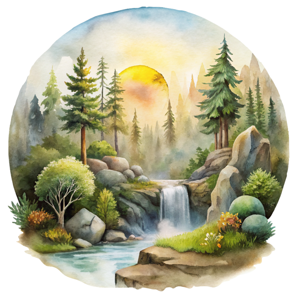 Mountain scene in watercolor style Clip art. Watercolor mountain scene cutout png