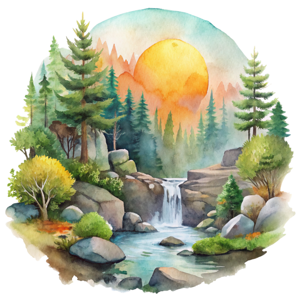 Mountain scene in watercolor style Clip art. Watercolor mountain scene cutout png