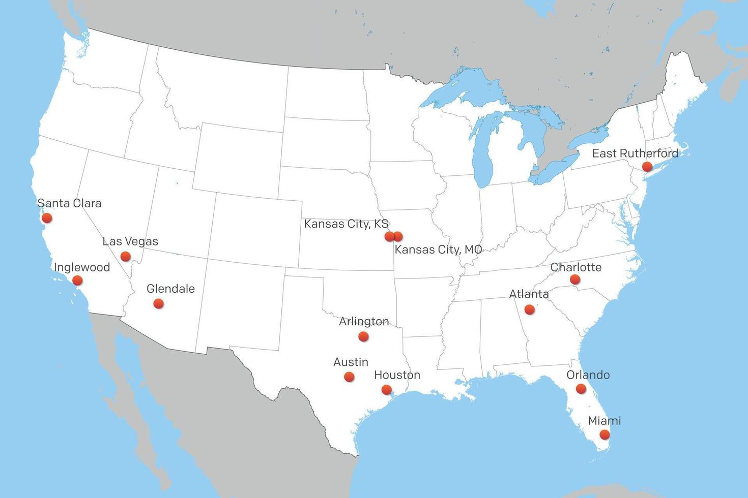 map of United States with soccer tournament 2024 host cities vector