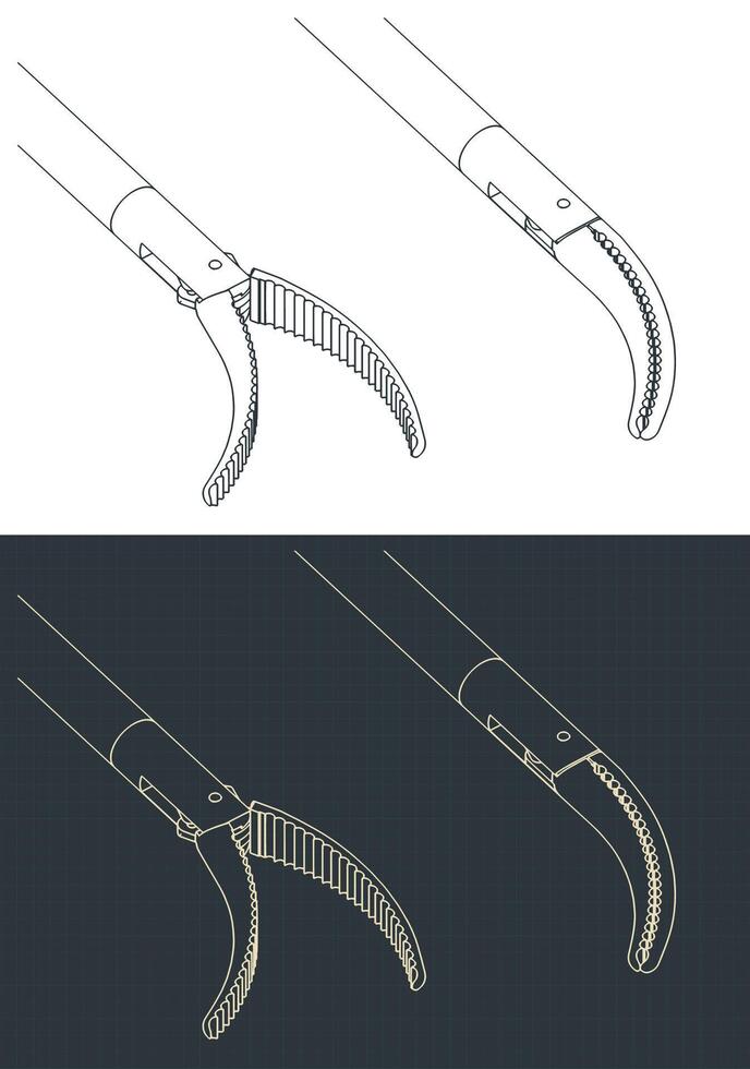 Laparoscopic forceps with curved head isometric blueprints vector