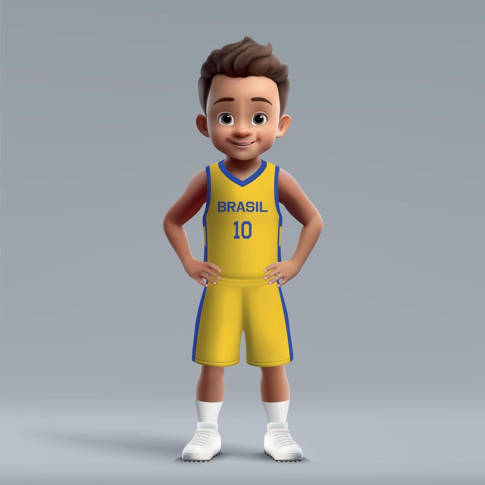 3d dibujos animados linda baloncesto jugador en Brasil nacional equipo equipo. vector