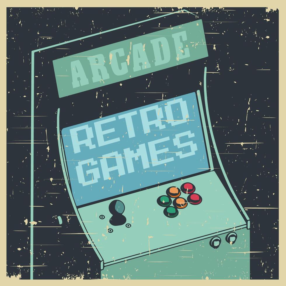 Retro arcade games cabinet old poster vector