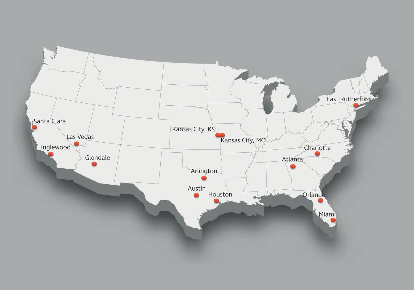 map of United States with soccer tournament 2024 host cities vector