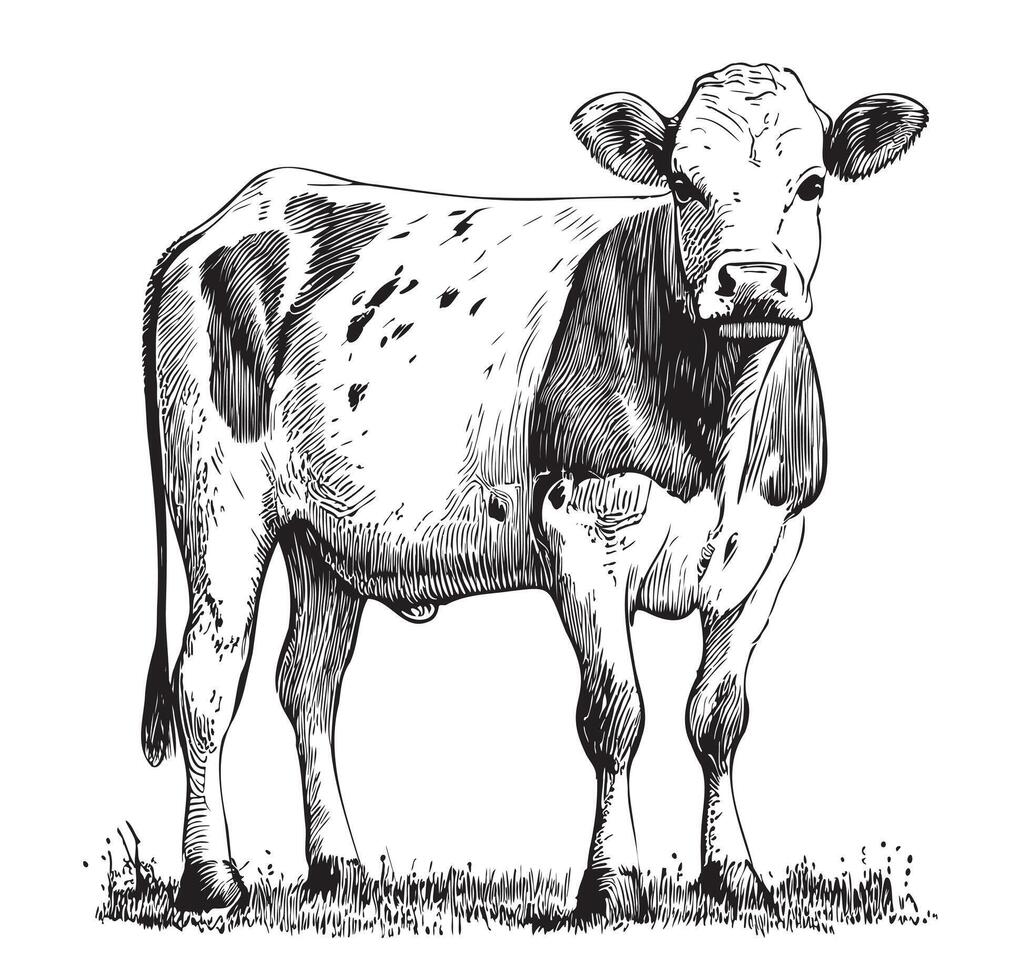 Cow calf sketch hand drawn engraving style illustration vector