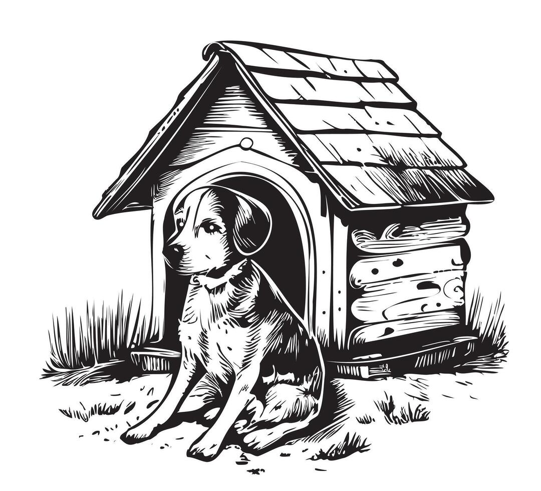 Dog and doghouse sketch hand drawn in engraving style illustration vector