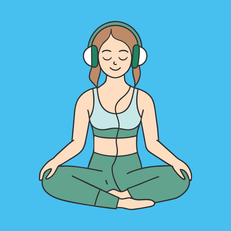 smiling yoga girl in headphones listening to music conceptual illustration of yoga observation vector