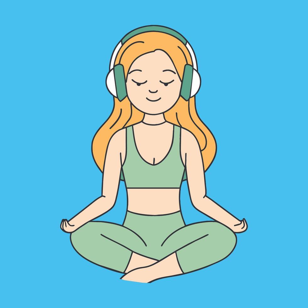 smiling yoga girl in headphones listening to music conceptual illustration of yoga observation vector
