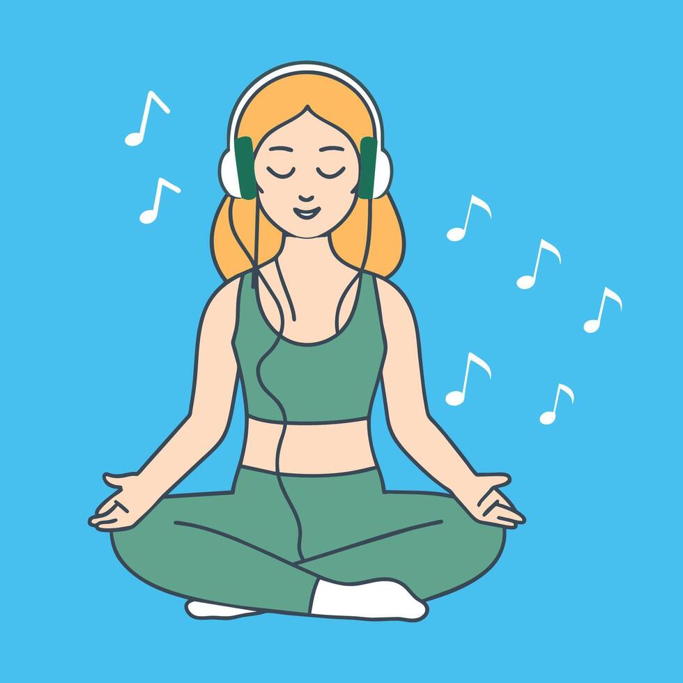 smiling yoga girl in headphones listening to music conceptual illustration of yoga observation vector
