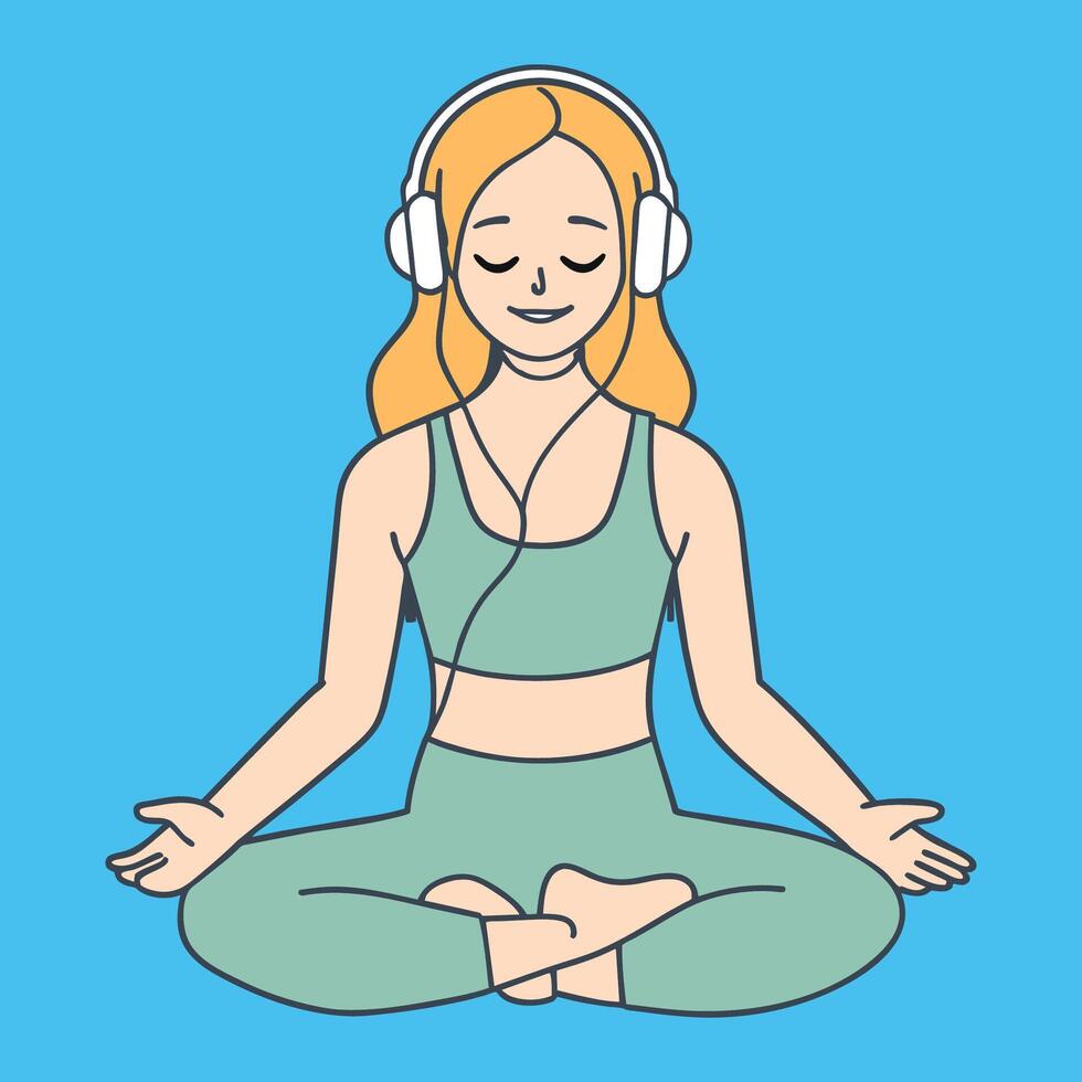 smiling yoga girl in headphones listening to music conceptual illustration of yoga observation vector