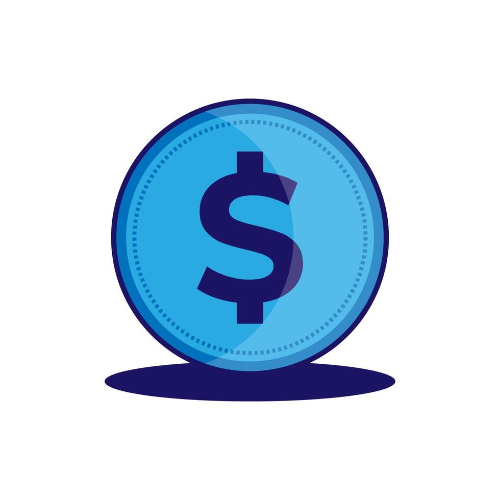 Flat blue coin icon with dollar sign. Dollar coin icon with shadow on blue background vector