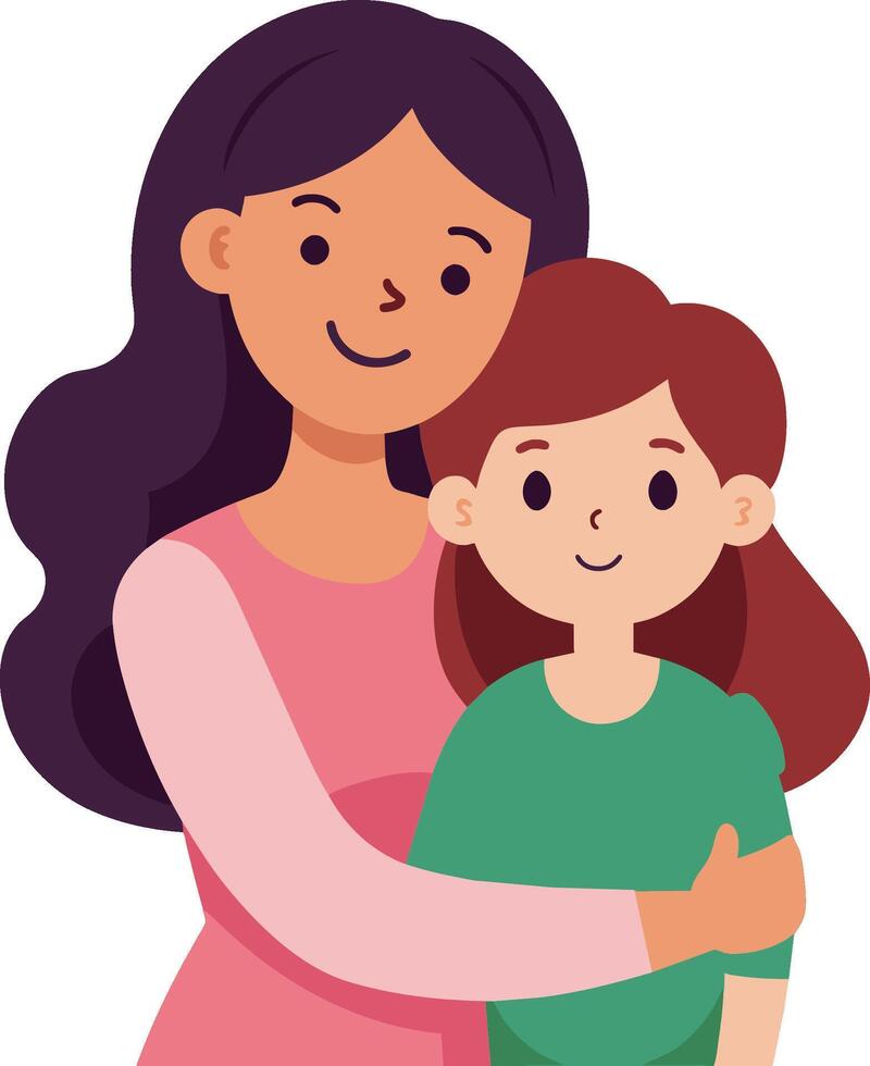 Illustration of a Mother and Daughter Hugging and Looking at the Camera vector