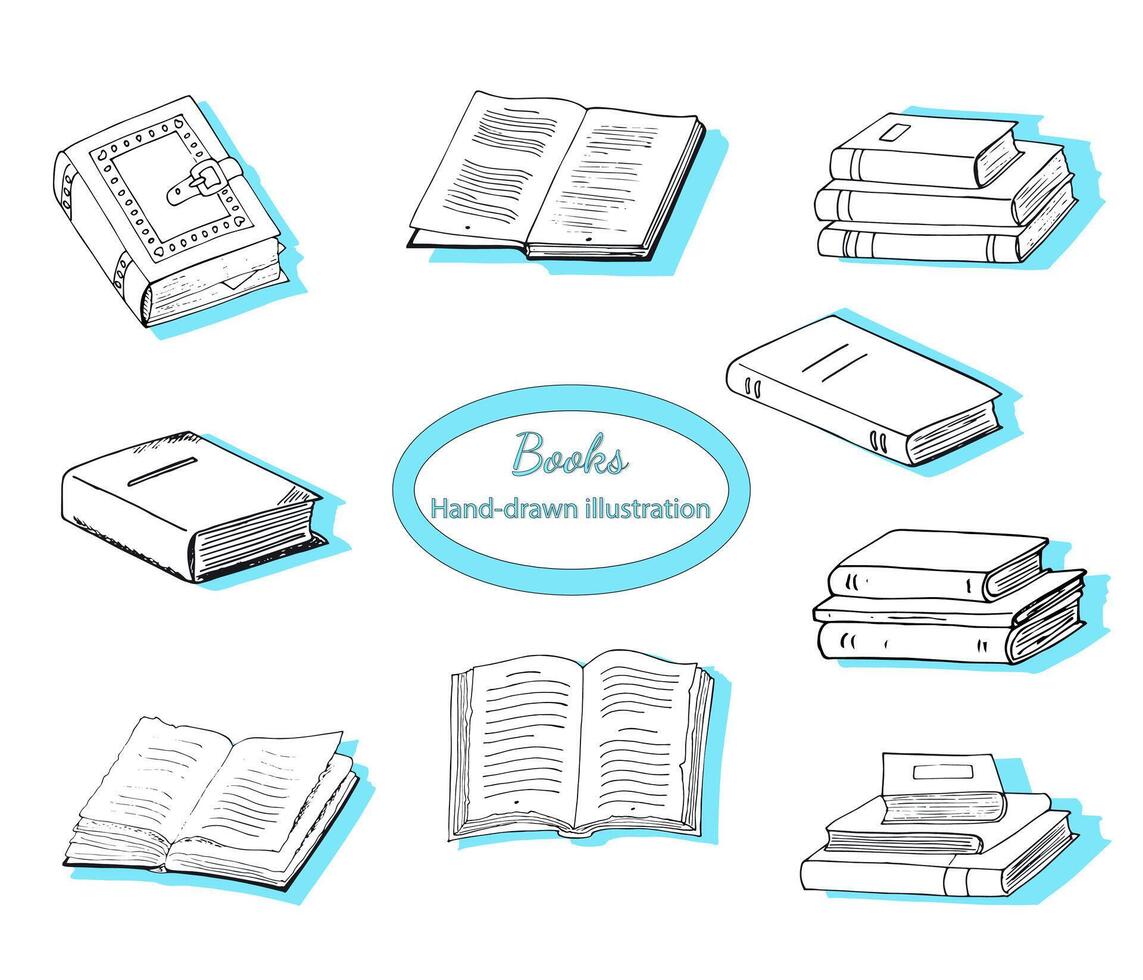 Hand-drawn books doodle set. Line art style. Books collection. A pile of books, hardcover books, opened books with pages, closed books. vector