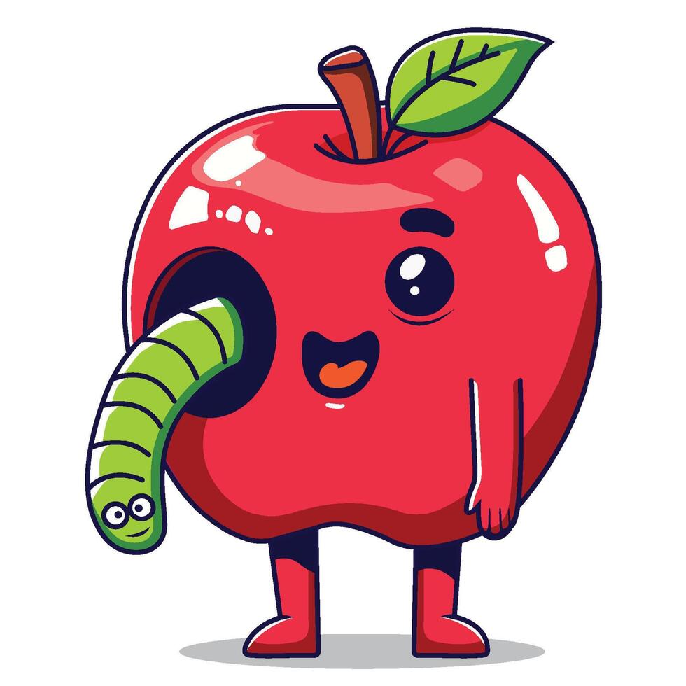 animado personaje diseño de un brillante rojo manzana con un simpático gusano echar un vistazo afuera, trayendo un juguetón ambiente a sano comiendo conceptos. vector