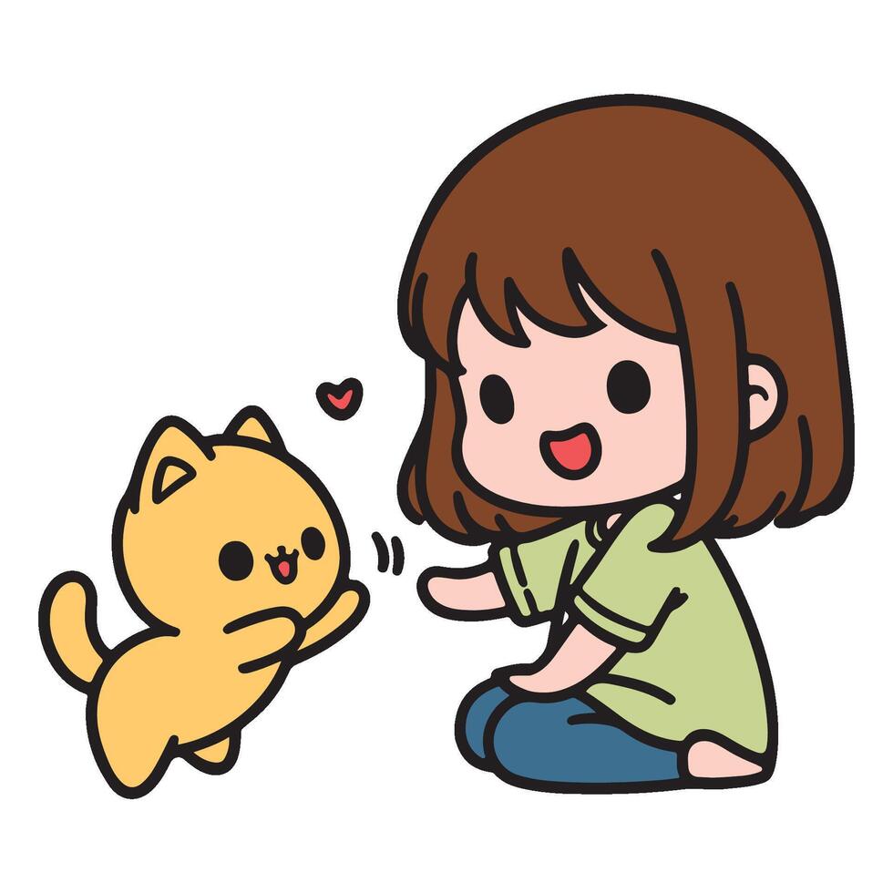 Cartoon illustration of a cheerful girl and a yellow kitten sharing a moment of affection, with a heart symbolizing love. vector