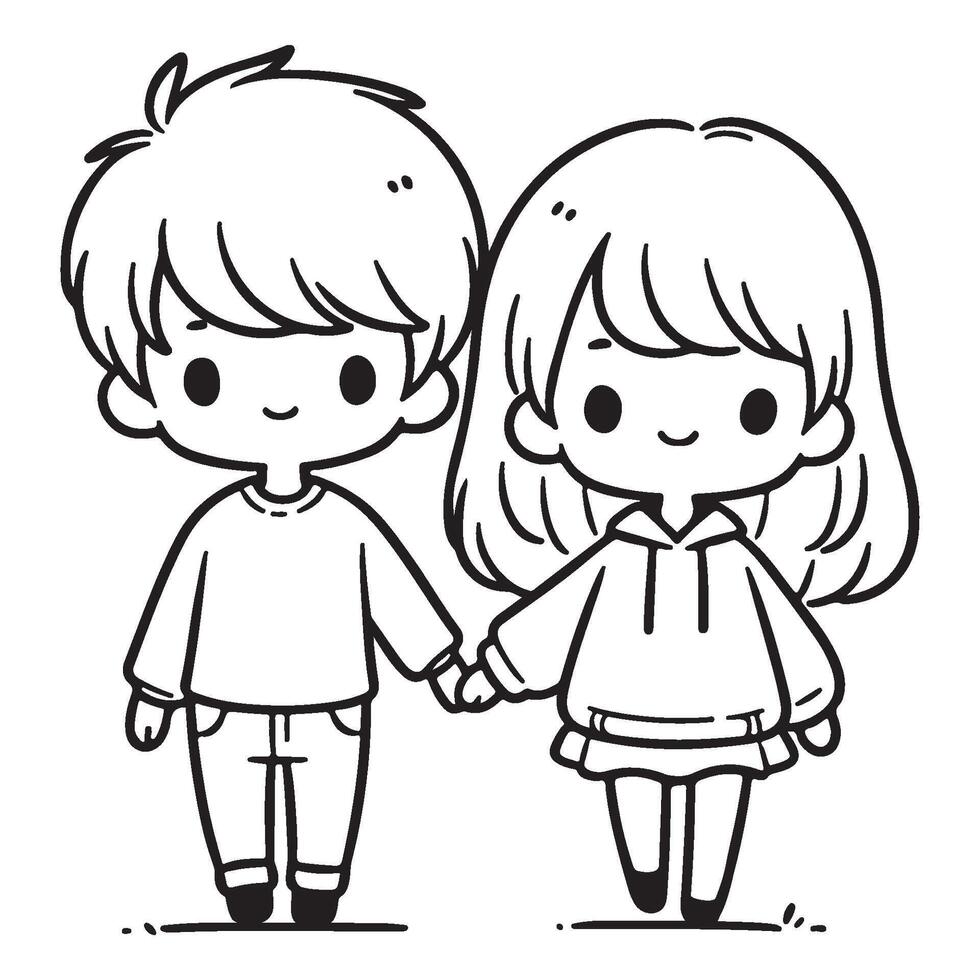 Line art drawing of a boy and a girl holding hands, capturing a moment of childhood friendship in a simple, charming style. vector