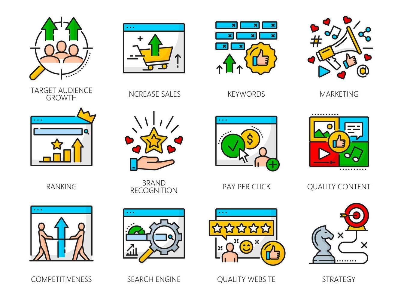SEM search marketing engine icons, SEO internet vector