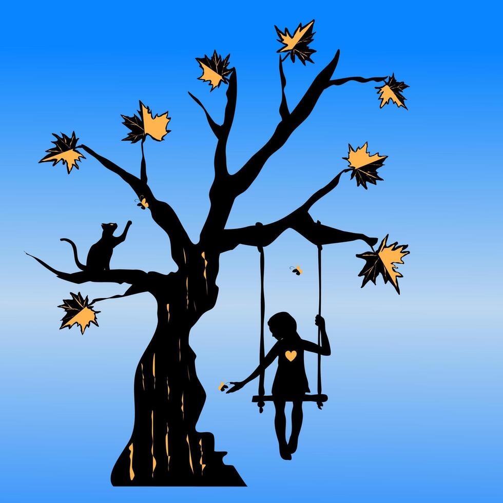 Illustration of a stylized tree and a girl on a swing. illustration silhouette of a magic tree with butterflies and leaves like maple. Gold glitter on accented subjects. A cat in a tree catches vector