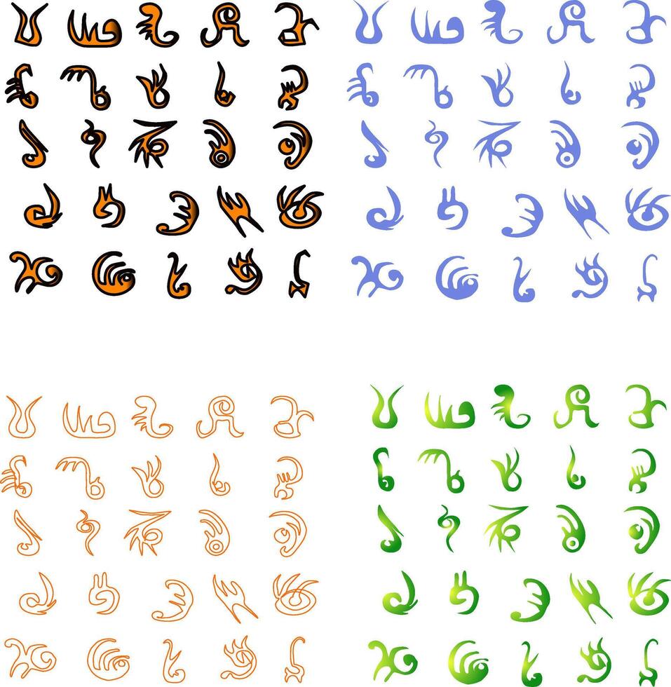 Fictional Alien Not Real Alphabet 25 Pieces Runes Symbols in Four Variants. illustration unusual interesting invented for games and other applications not real letters to use as foreign writing vector
