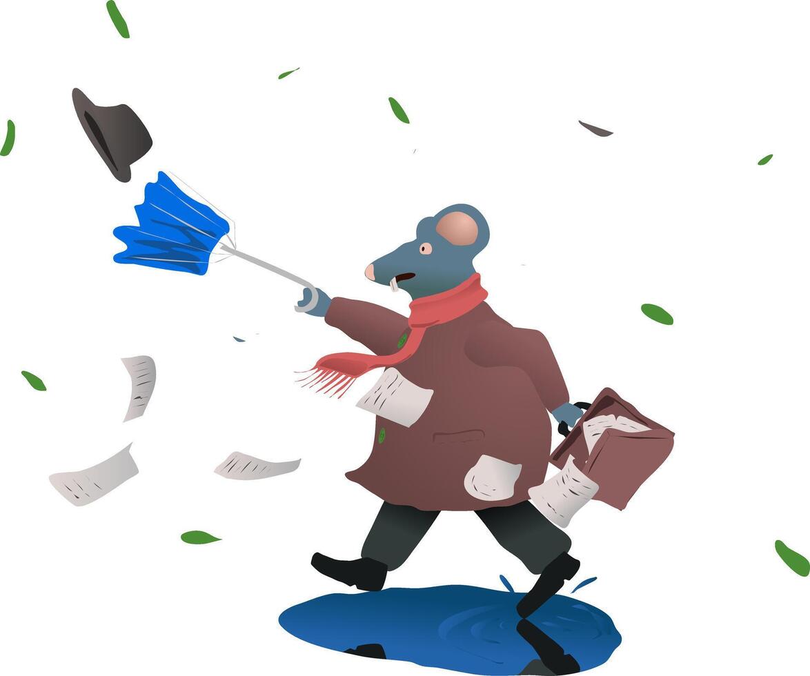 Cartoon character fat rat in coat on strong wind. illustration. a humanoid rat fights with the wind, his umbrella broke, his suitcase with papers opened and the shoyapa flew away. In addition vector