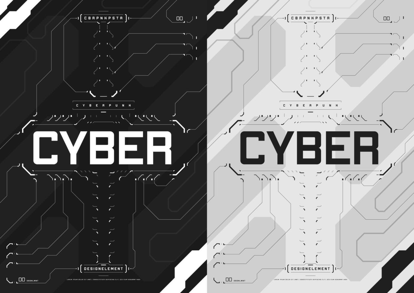 Cyberpunk futuristic poster set. Cyberpunk design for web and print template. Tech flyer with HUD elements collection. Abstract futuristic digital technology design. Virtual environments. vector