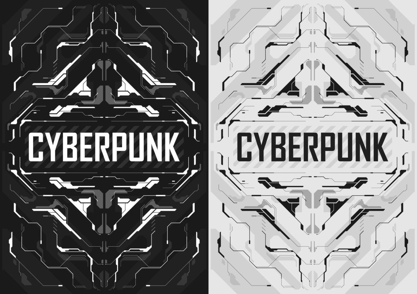 Cyberpunk futuristic poster set. Tech cyberpunk design for web and print template. Technology style flyer. Futuristic technology, black and white minimalistic design, inversion. vector