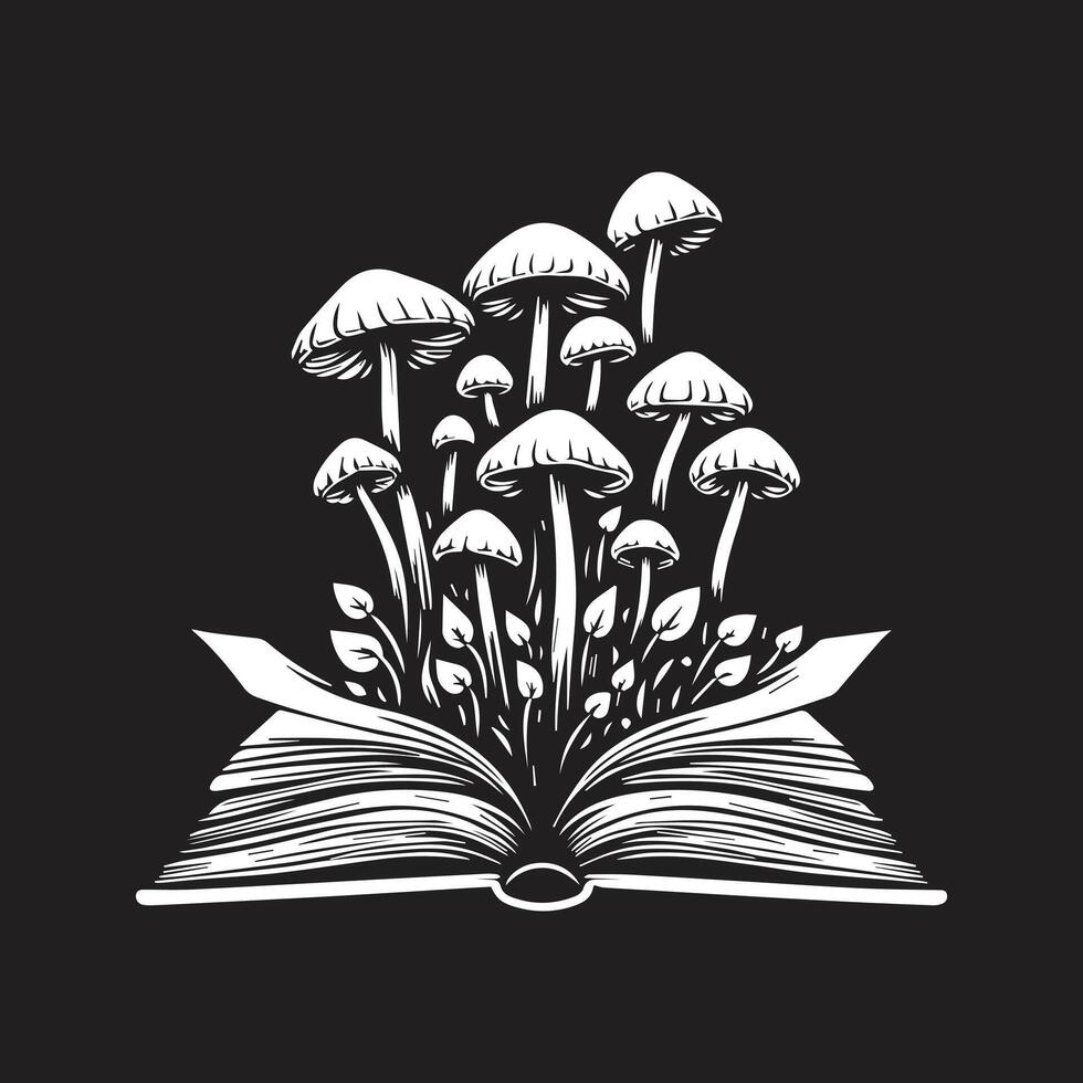 A silhouette of mushrooms growing around and within the pages illustration vector