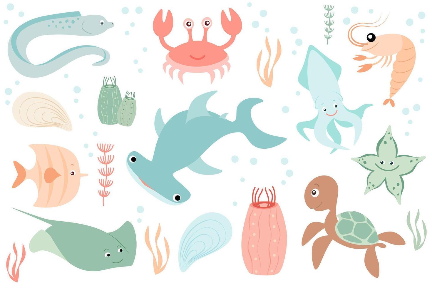 Set with sea creatures. Flat, cartoon style. Animals of seas and oceans. Illustration for design. vector