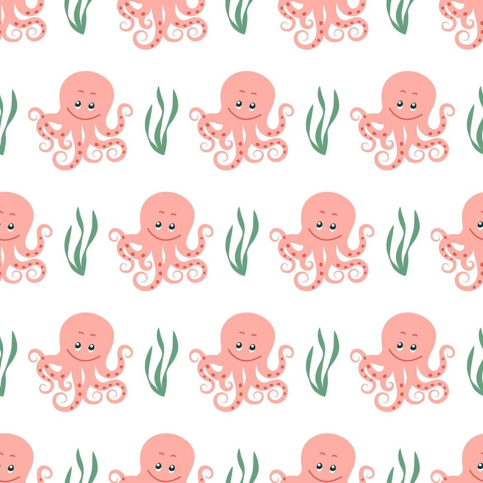 Cute octopus seamless pattern. Fashionable template with sea creatures for wrapping paper, wallpaper, stickers, textiles. vector