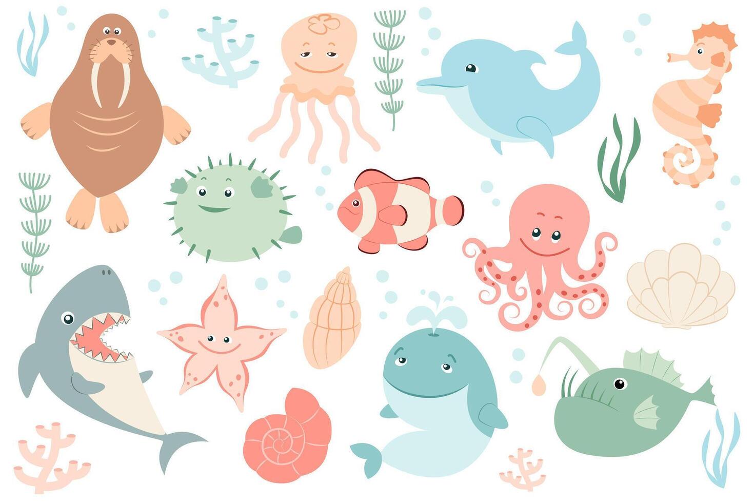 Set with sea creatures. Flat, cartoon style. Animals of seas and oceans. Illustration for design. vector