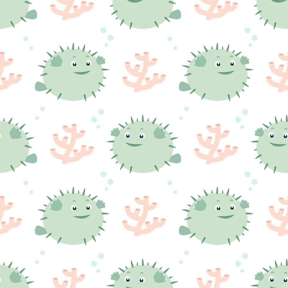 Simple seamless pattern with sea creatures. Fugu fish. vector