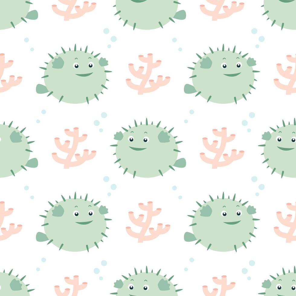 Simple seamless pattern with sea creatures. Fugu fish. vector