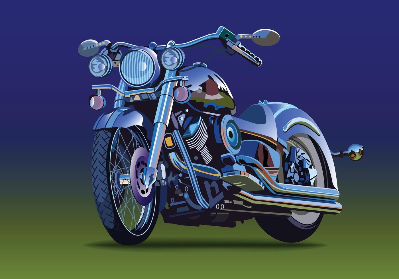 Classic blue motorcycle with metal and chrome-plated accessories on a blue background. vector