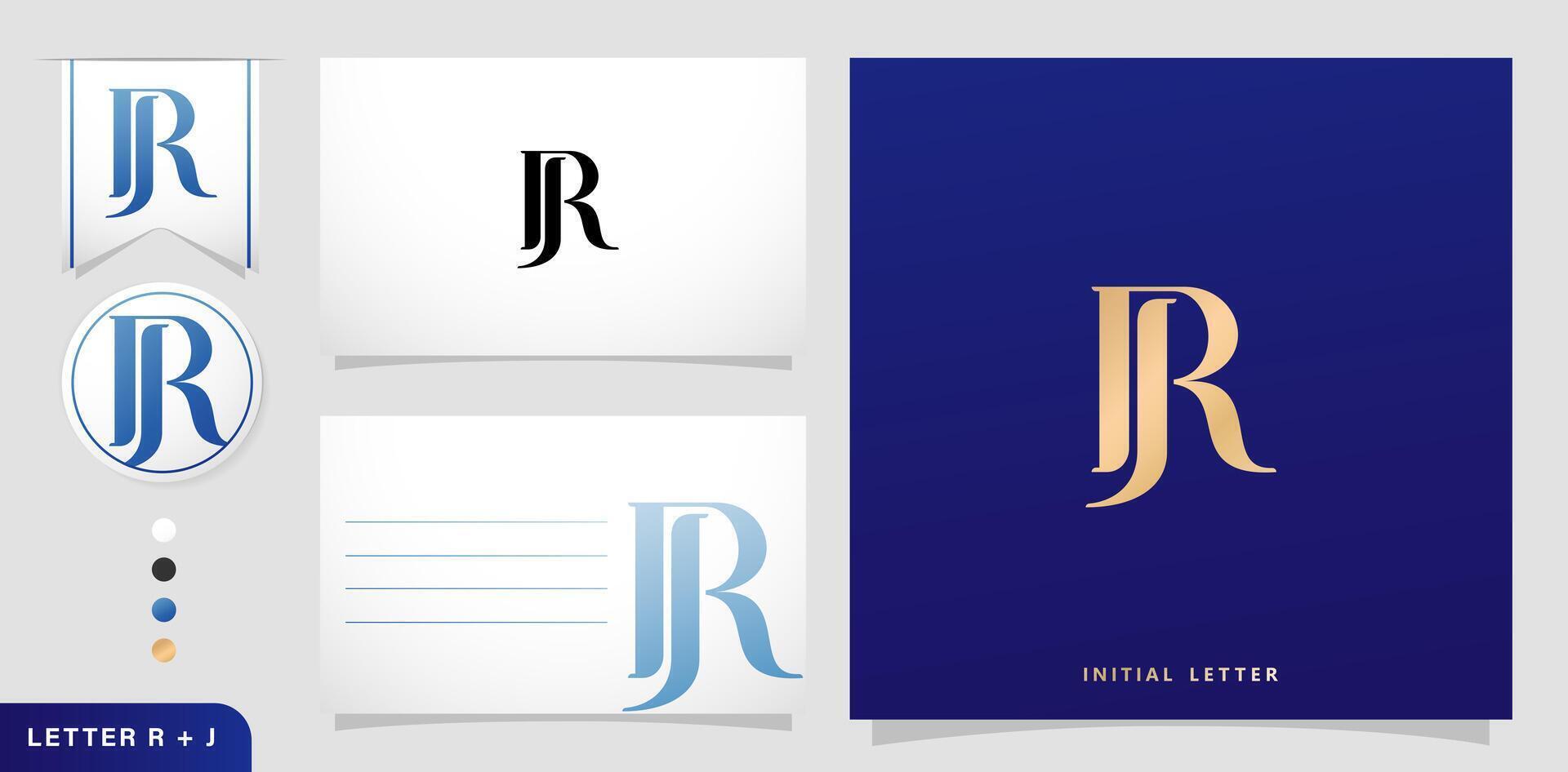 un conjunto de negocio tarjetas con el letra rj, lujo inicial letras r y j logos diseños en azul colores para marca anuncios campañas, tipografía, bordado, cubierta invitaciones, sobre firmar símbolos vector