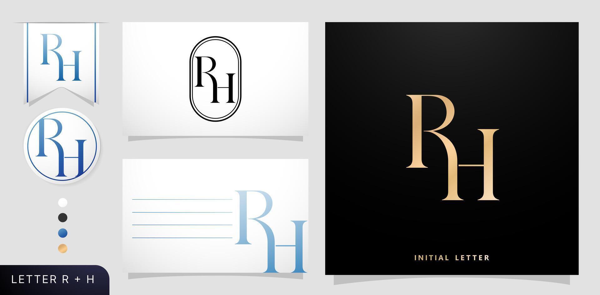 un conjunto de negocio tarjetas con el letra Rh, lujo inicial letras r y h logos diseños en azul colores para marca anuncios campañas, tipografía, bordado, cubierta invitaciones, sobre firmar símbolos vector