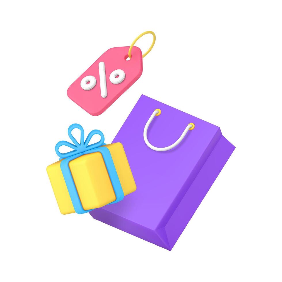 Shopping sale discount special offer with paper bag gift box percent tag 3d icon realistic vector