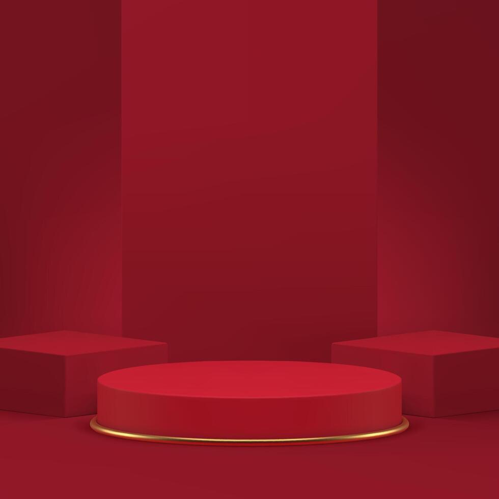 Red trendy 3d podium pedestal cylinder stand with wall background realistic illustration vector