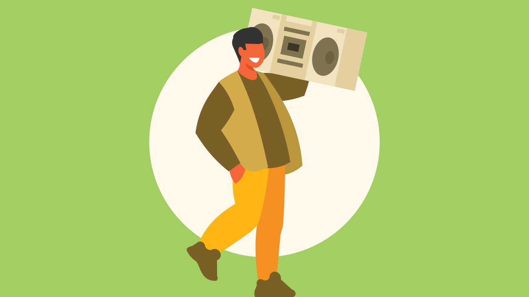 man carry a stereo listens to music and happy with positive energy vector
