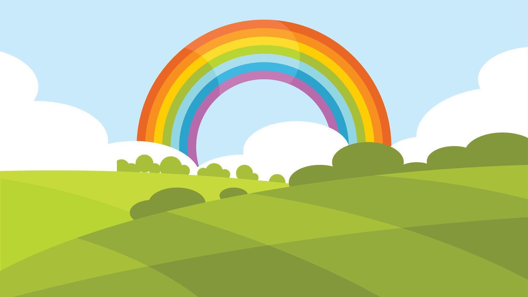 Nature scene rainbow with clouds and green fields vector