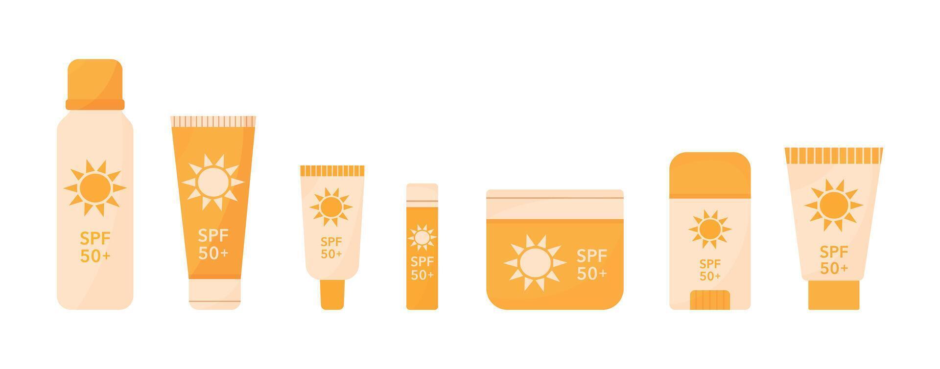 Different sunscreen cosmetic set icon. graphics vector