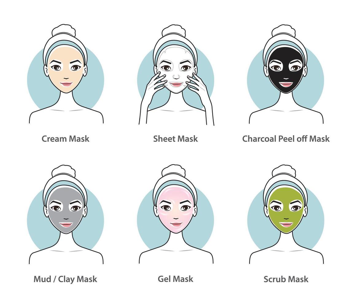 diferente tipos de cara máscara colocar. linda mujer cara con facial tratamiento mascarilla. crema, hoja, carbón pelar apagado, lodo, arcilla, gel y fregar mascarilla. piel cuidado y belleza concepto ilustración. vector