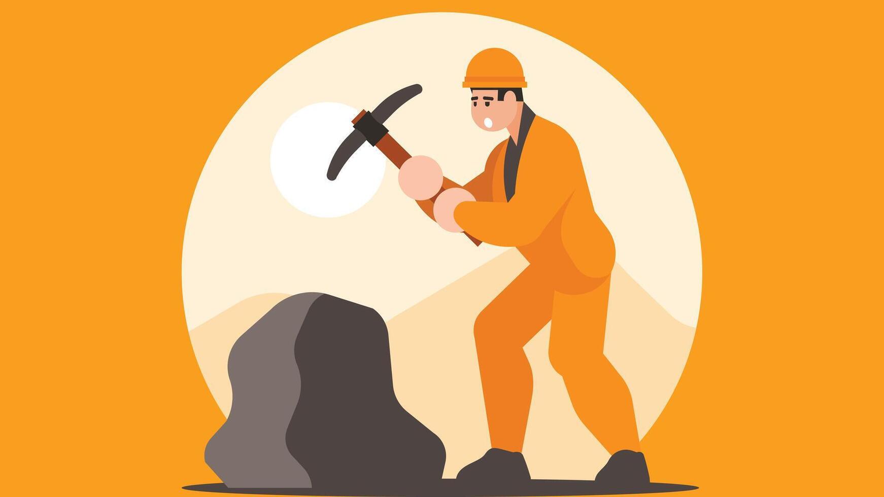 Mining worker clears a block stone in the construction site illustration vector