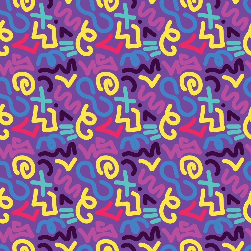 Bright seamless pattern with colorful doodles in 90s style. illustration vector