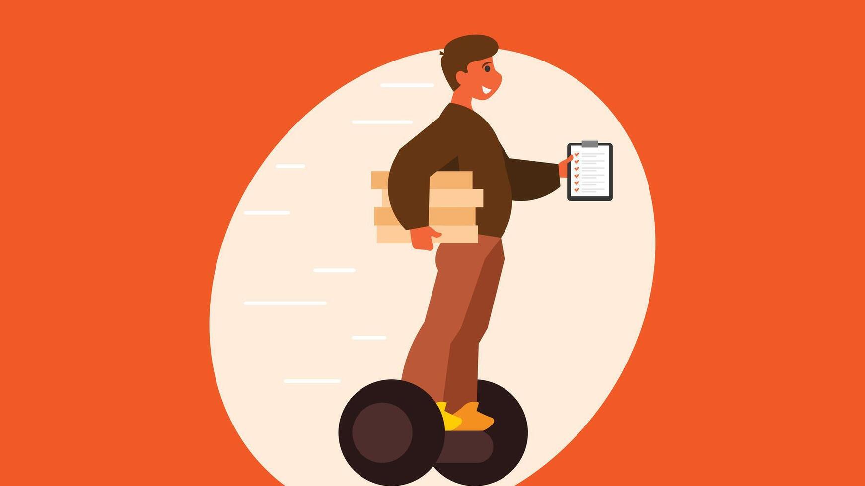 Package delivery employee with wheels on the streets illustration vector