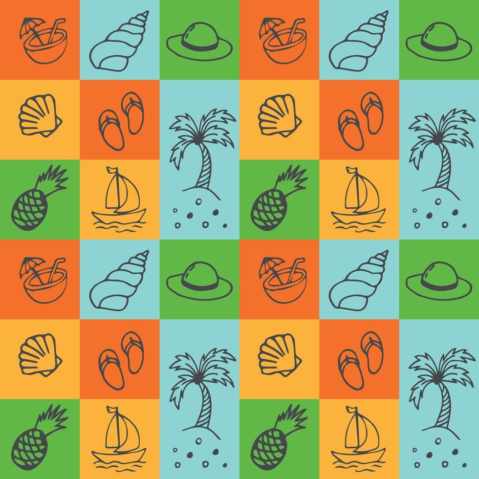 Bright summer seamless pattern with various icons in doodle style. Palm trees, pineapple, coconut cocktail, sea shells. illustration vector